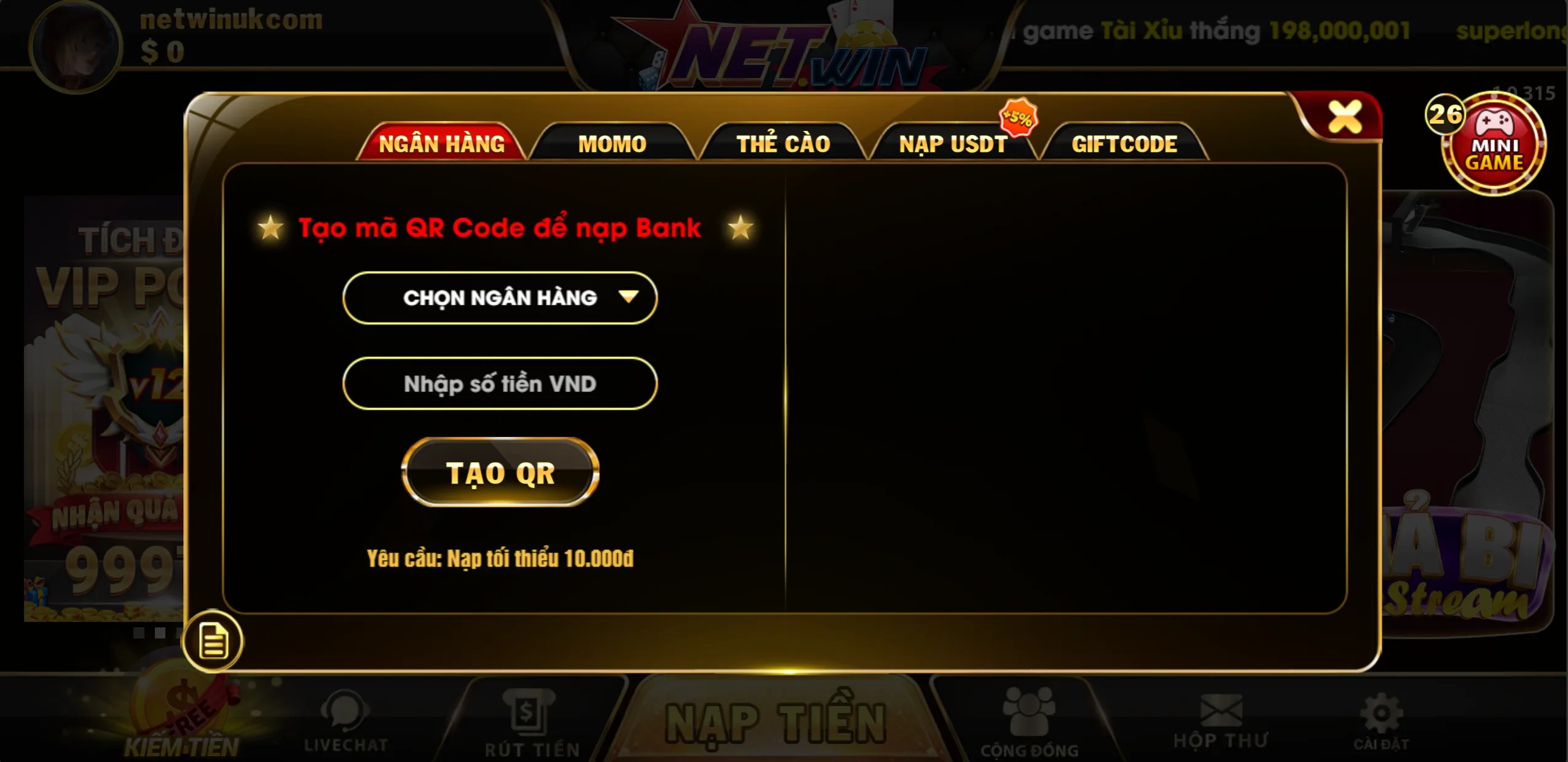 hướng dẫn nạp tiền netwin app