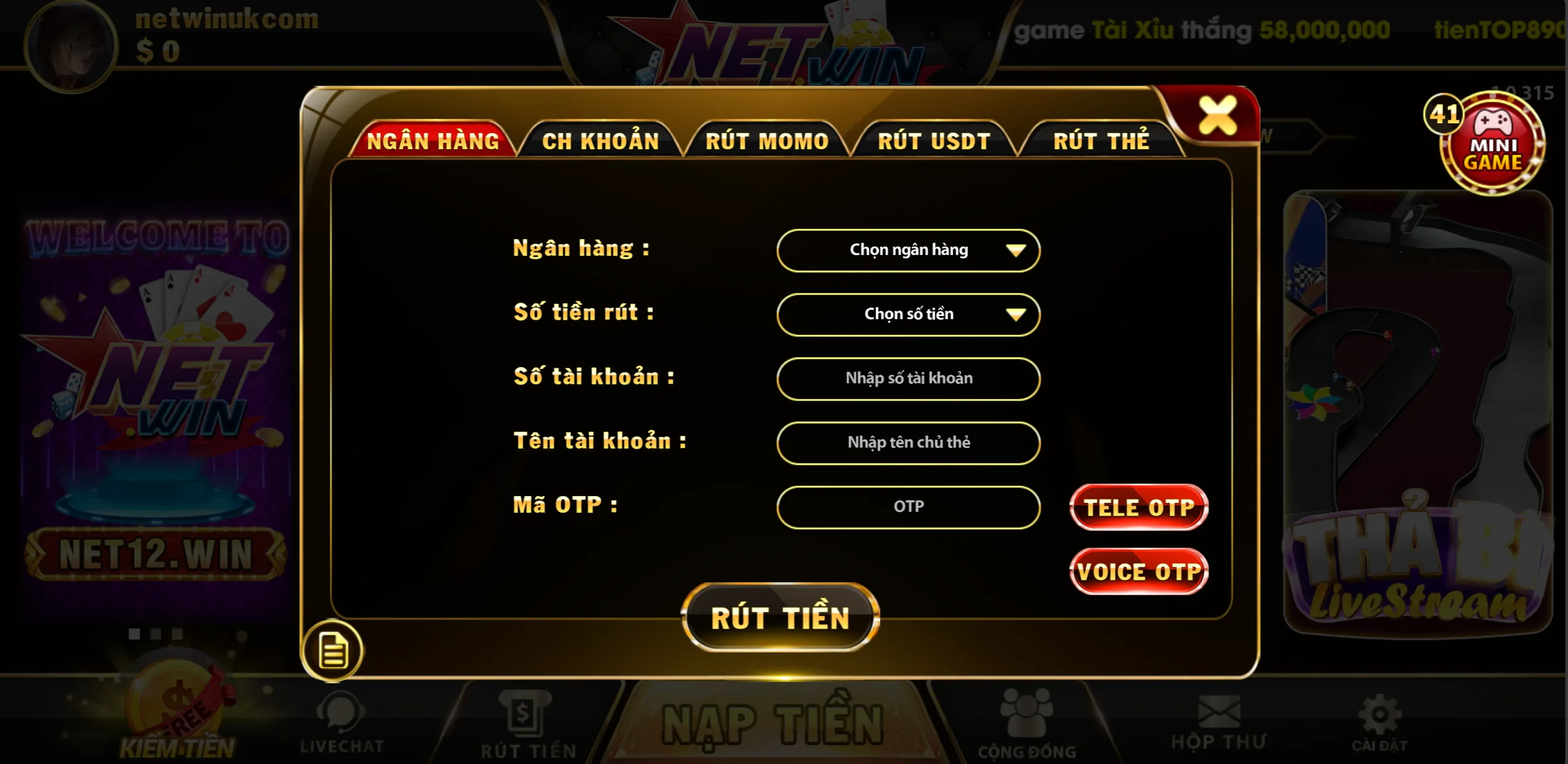 quy trình rút tiền net win